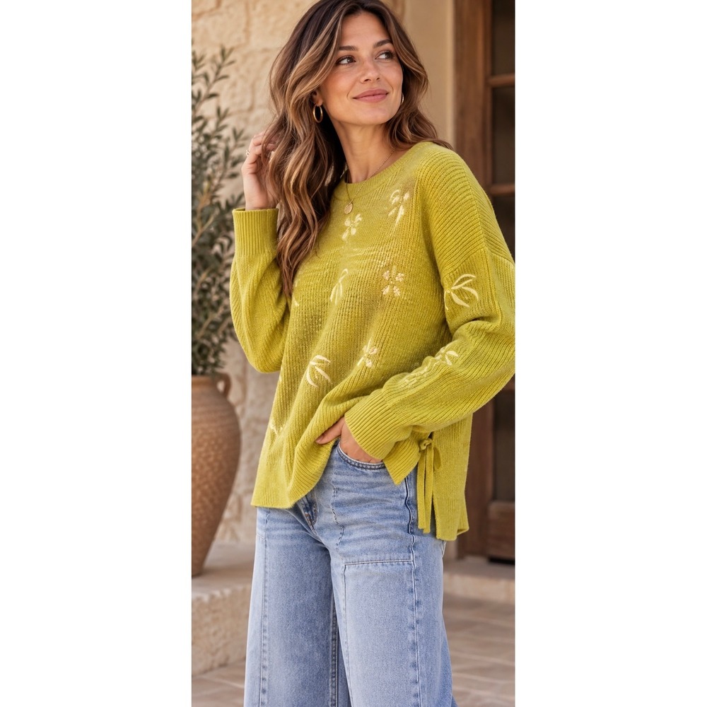 Farmers Market Embroidered Botanical Side Tie Sweater Mustard Green NWT
